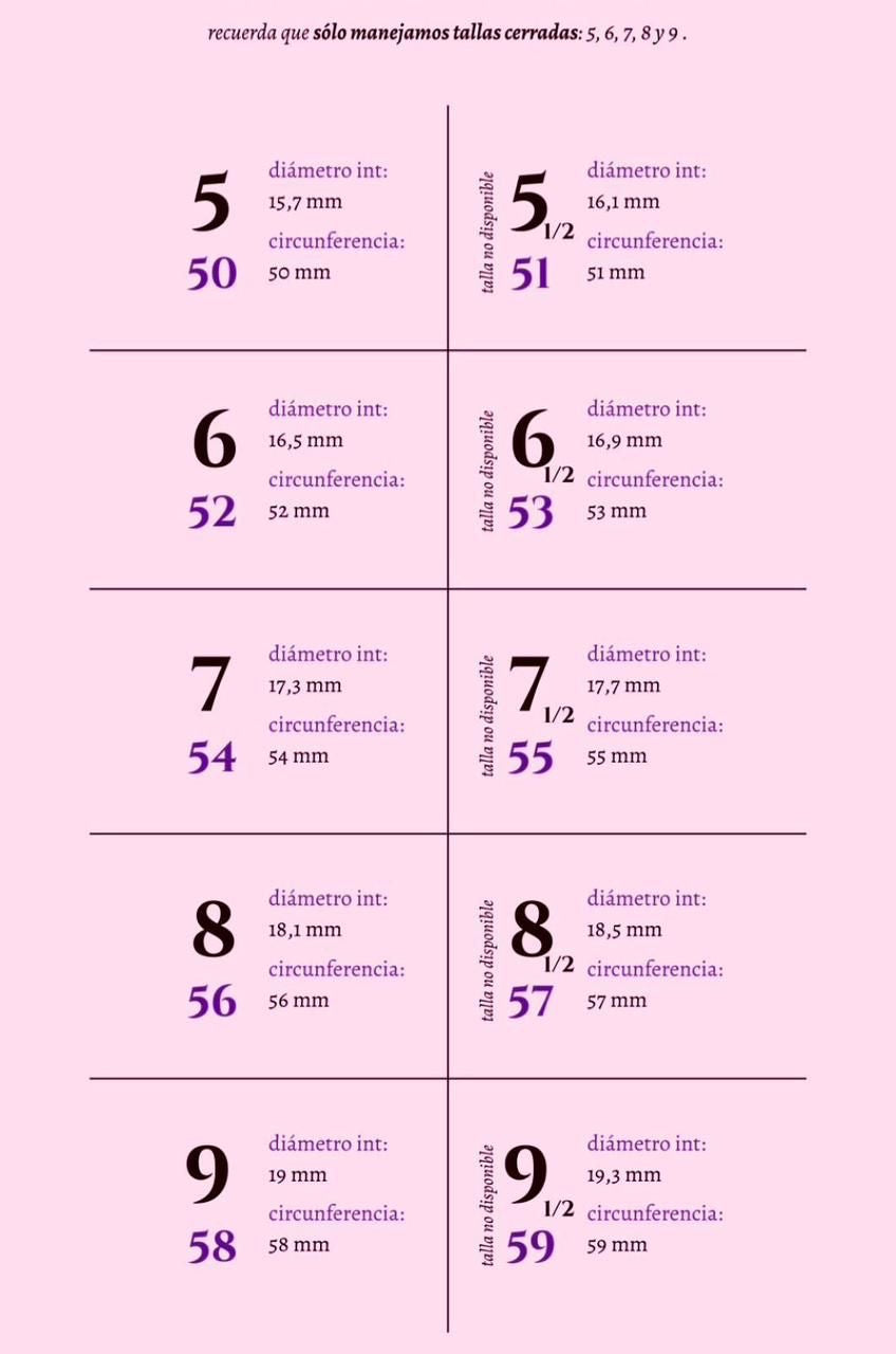 Tabla de tallas: 5 = 15,7 mm de diámetro o 50 mm de contorno; 6 = 16,5 o 52; 7 = 17,3 o 54; 8 = 18,1 o 56; 9 = 19 o 58 mm.