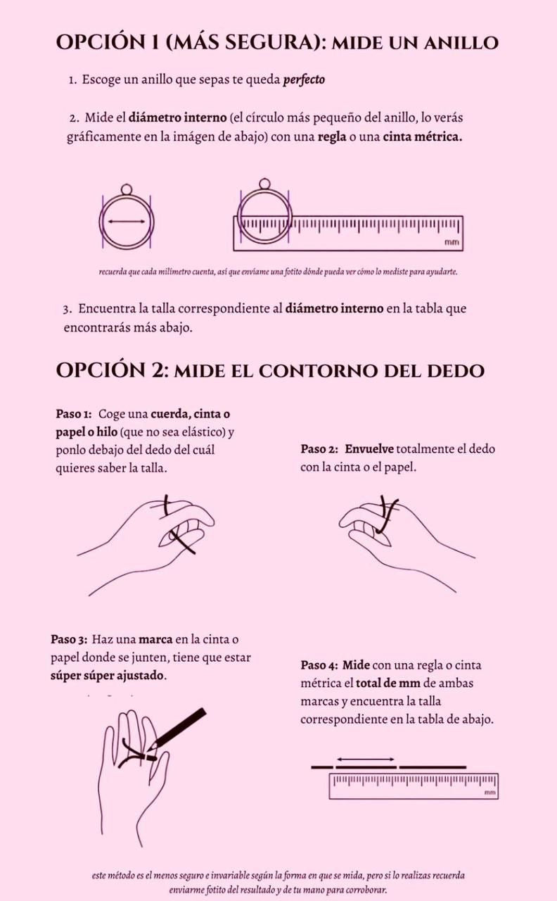 Cómo medir tu talla: opción 1, medir el diámetro interno de un anillo que ya tengas; opción 2, envolver el dedo con un hilo y medir los milímetros.